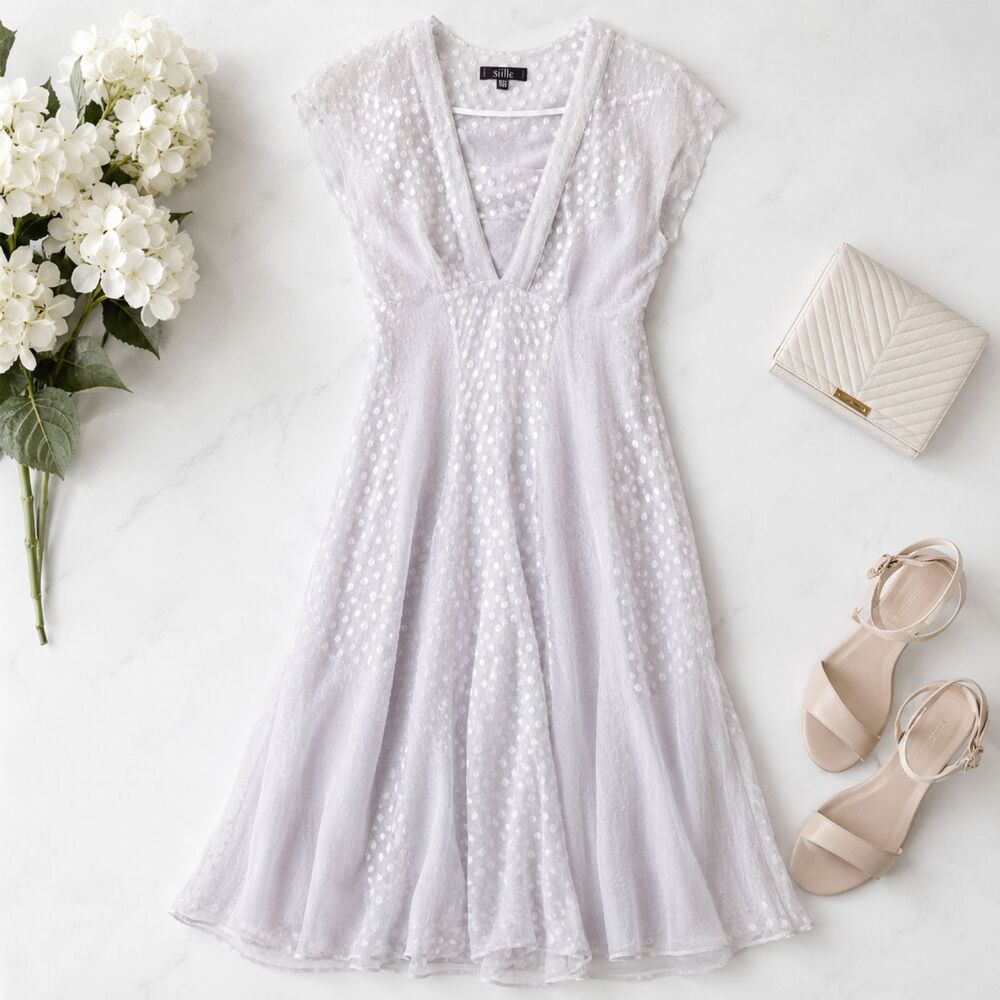 Stills Silk Blend Swiss Dot Dress Dusty Lavender Deep V Raw Hem Size 36 US 6